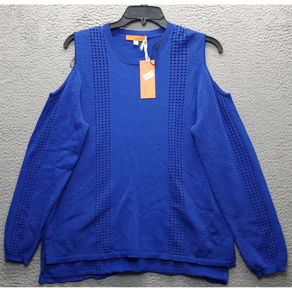 ONE A Sweater Womens‎ XL Blue Knitted Cold Shoulder Sleeve High Low Round Neck